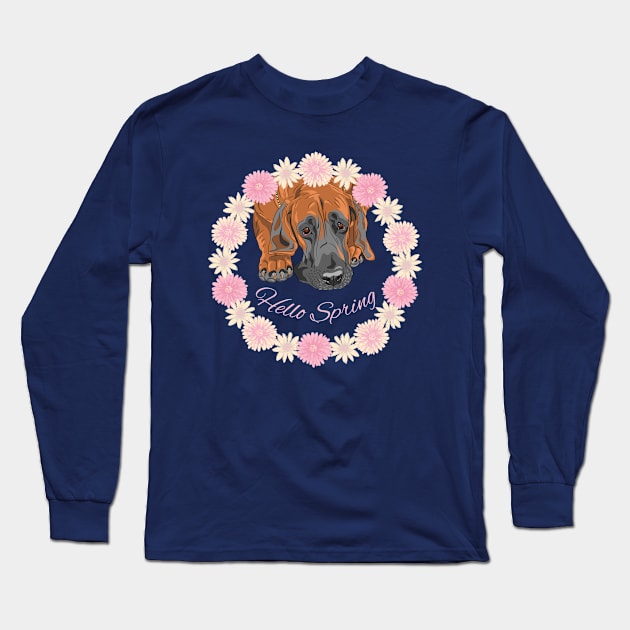 Hello Spring with Great Dane Dog in Flower Wreath Long Sleeve T-Shirt by Seasonal Dogs